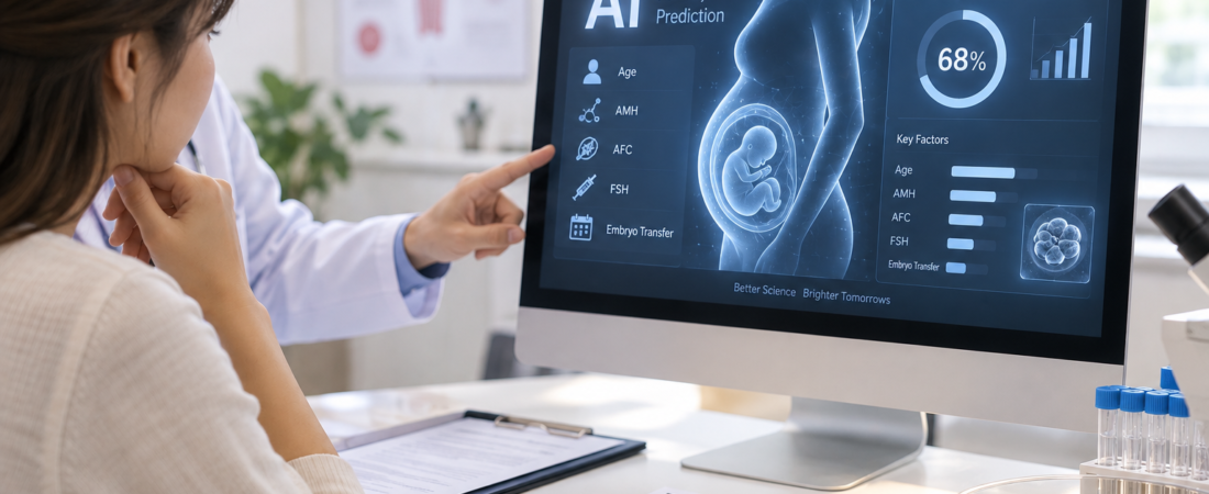 AI-generated illustration of a clinician discussing an illustrative IVF prediction dashboard with a woman