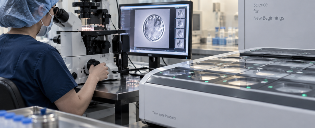 AI illustration of an embryologist working at a microscope in an IVF laboratory