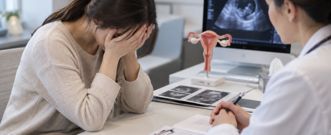 AI-generated illustration of a distressed woman discussing recurrent miscarriage with a clinician