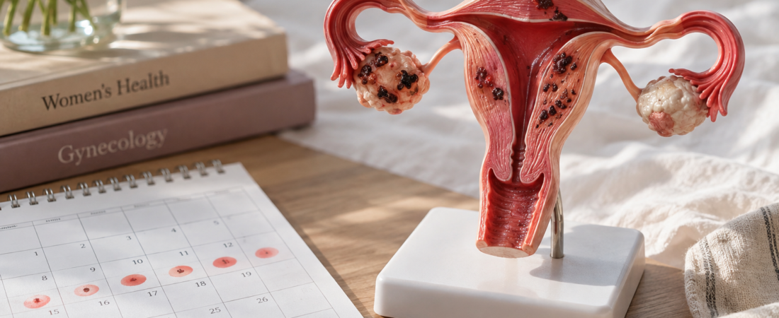 AI illustration of a uterine model beside a calendar representing menstrual bleeding duration