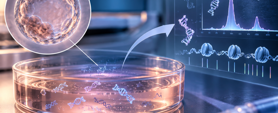 Illustration of a blastocyst above culture medium with cell-free DNA fragments and molecular analysis.