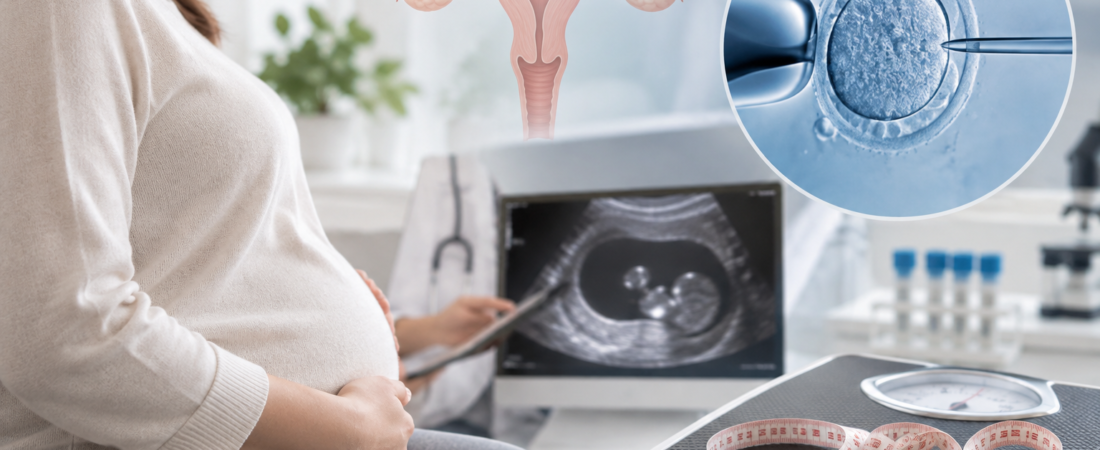 AI illustration of body weight assessment, reproductive anatomy and IVF treatment