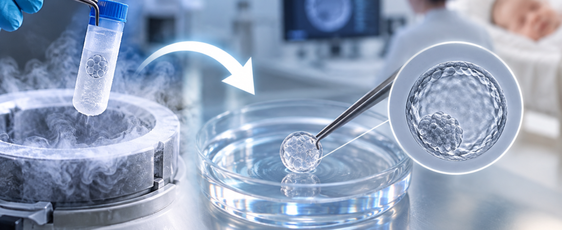 AI illustration of a frozen embryo being warmed and transferred into a laboratory culture dish