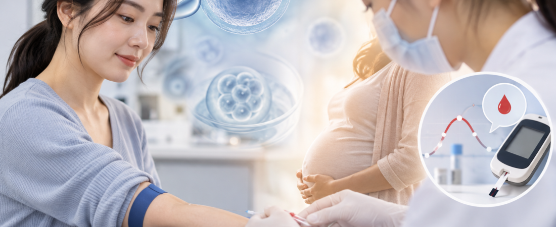 AI illustration of blood glucose testing and fertility care in a woman with PCOS