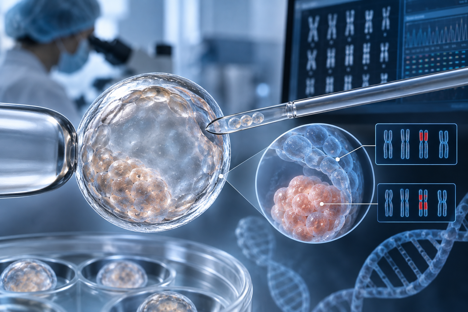AI illustration of a blastocyst, its inner cell mass and chromosome testing