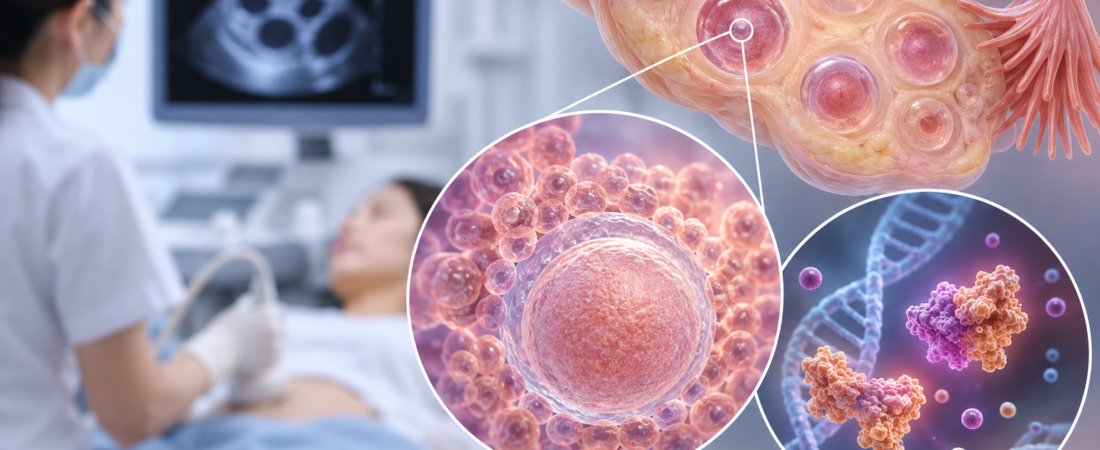 AI illustration of an egg surrounded by cumulus cells during fertility evaluation