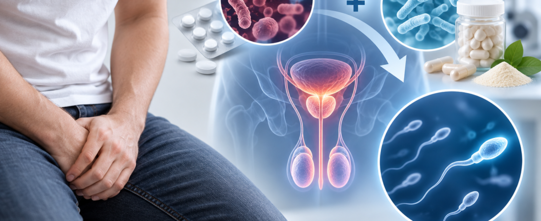 AI illustration of male reproductive infection, bacteria and probiotic supplementation