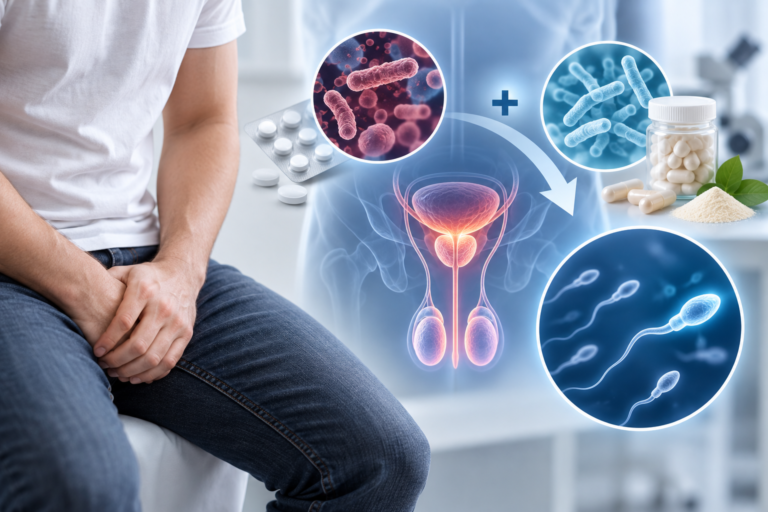 AI illustration of male reproductive infection, bacteria and probiotic supplementation