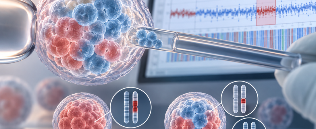 AI illustration of embryo biopsy, chromosome segments and different cell populations within a blastocyst