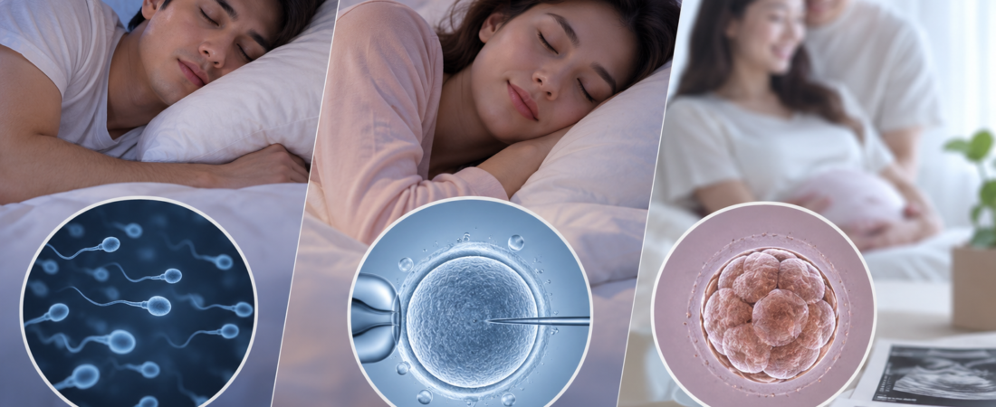 Illustration connecting sleep in couples with sperm, fertilization and early embryo development.
