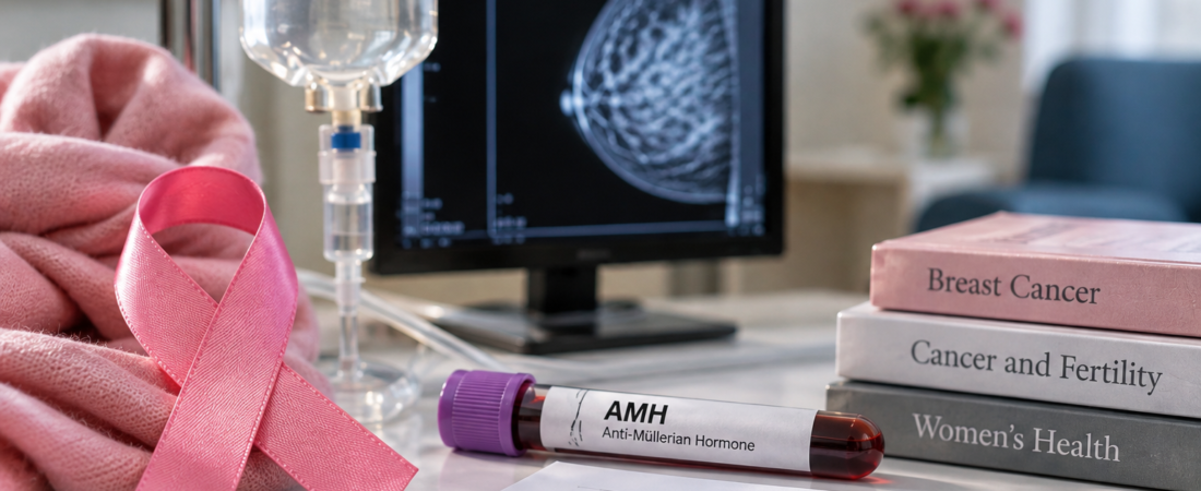 AI illustration of a breast cancer ribbon, AMH blood test and chemotherapy equipment