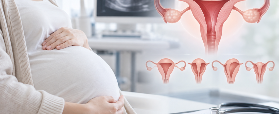AI-generated illustration of pregnancy alongside diagrams of uterine shapes