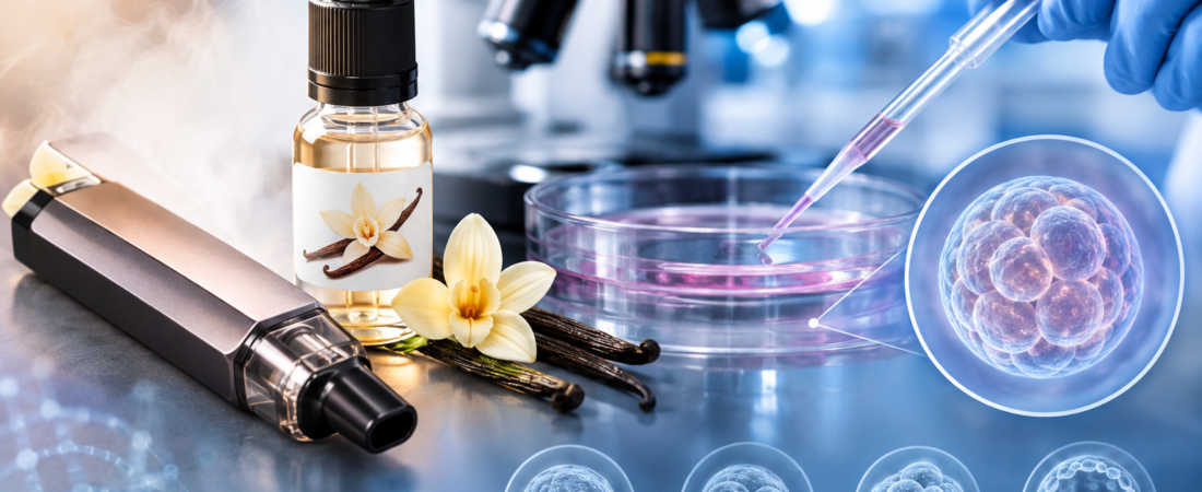 AI illustration of vaping liquid, vanilla flavoring and laboratory cell research