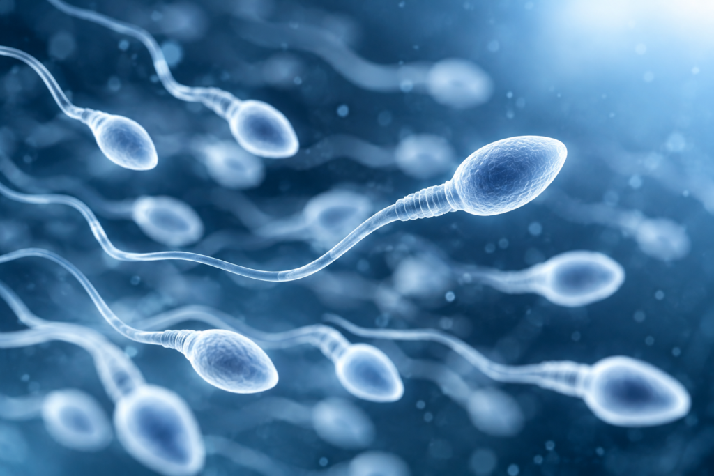 AI illustration of sperm cells showing their heads, midpieces and tails