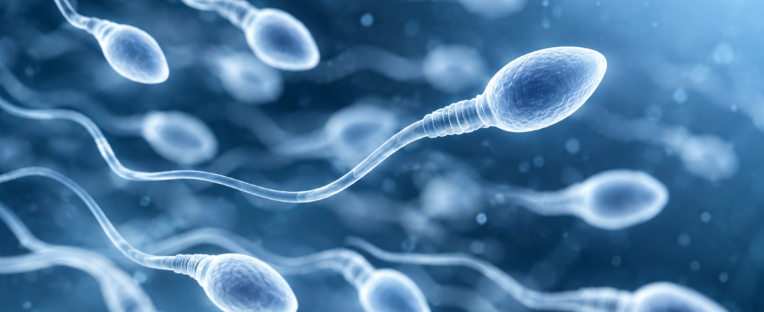 AI illustration of sperm cells showing their heads, midpieces and tails